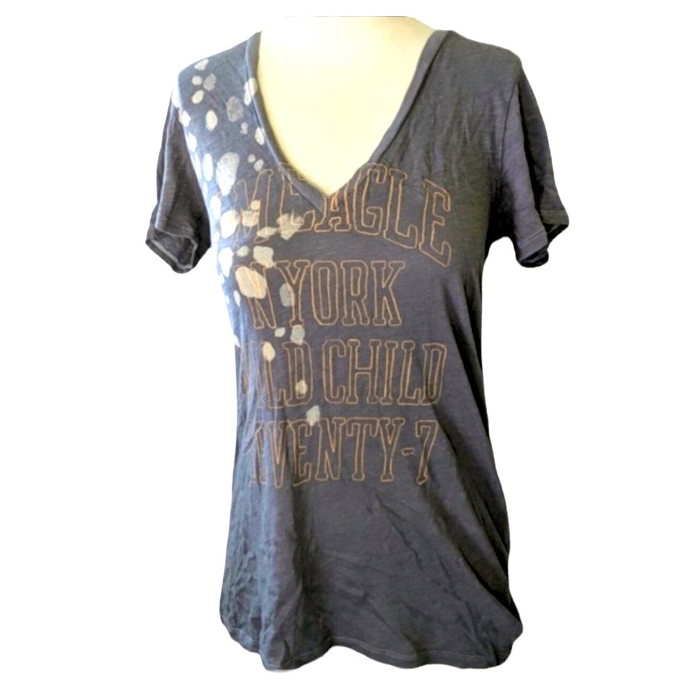 AMERICAN EAGLE Gray V-neck Tee with Bleach Dye Large